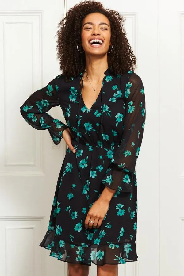 Sosandar Dresses Women Black and Green Floral Print Stretch Waist Dress Black Green
