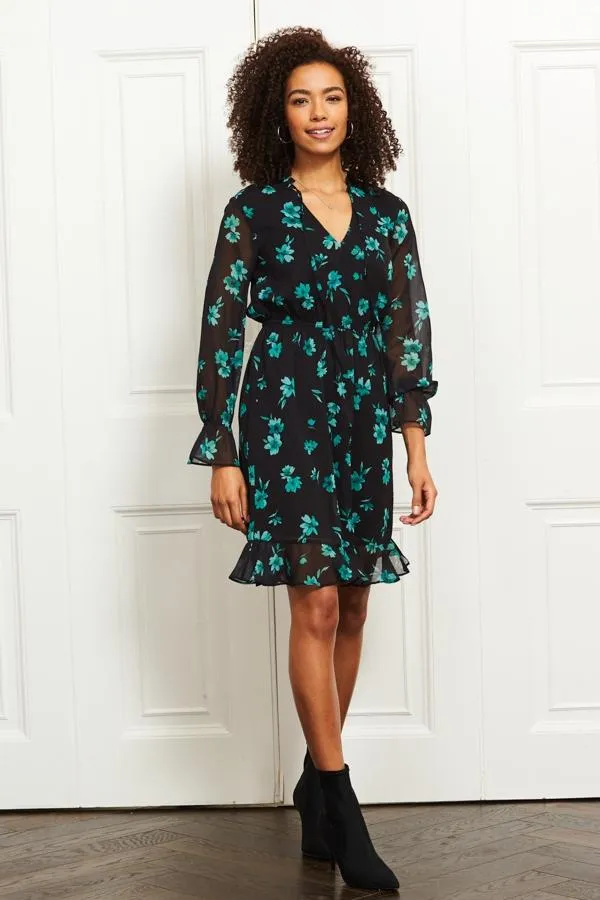 Sosandar Dresses Women Black and Green Floral Print Stretch Waist Dress Black Green