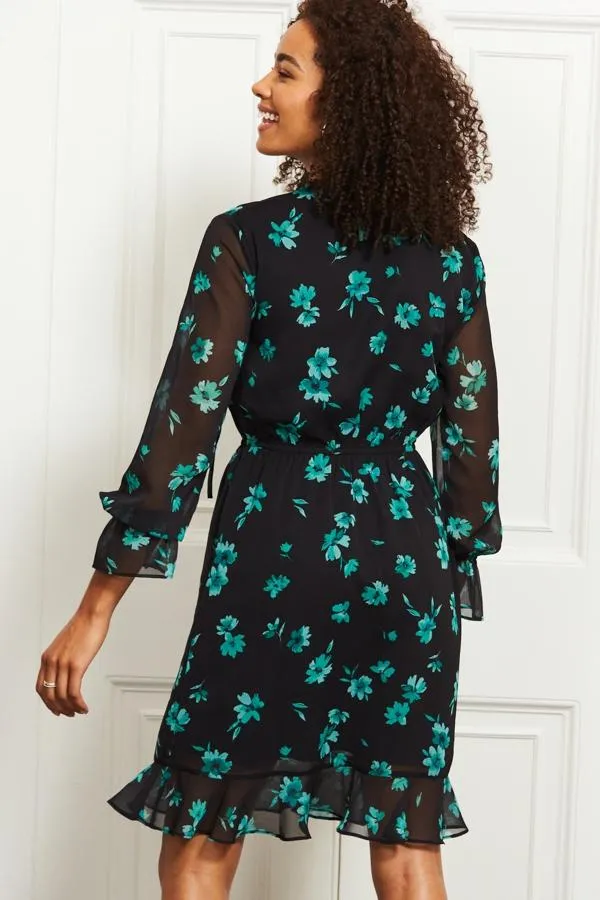 Sosandar Dresses Women Black and Green Floral Print Stretch Waist Dress Black Green