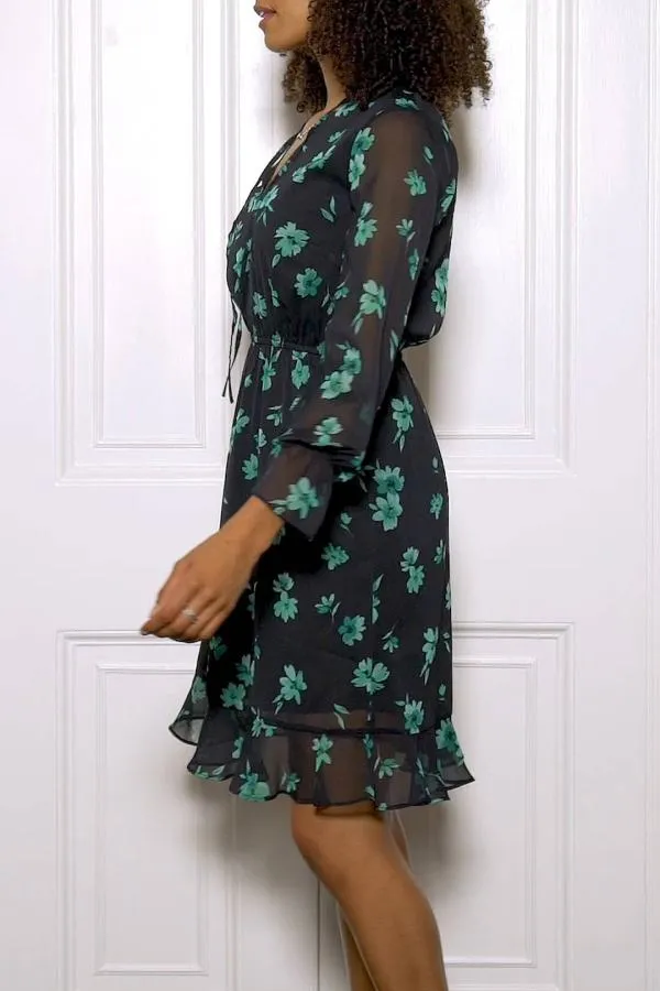 Sosandar Dresses Women Black and Green Floral Print Stretch Waist Dress Black Green