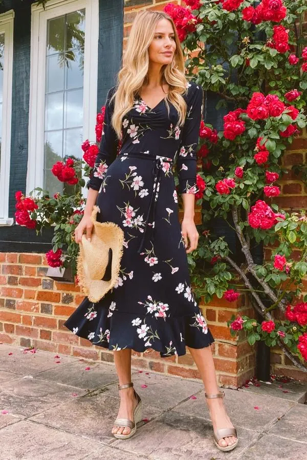 Sosandar Dresses Women Black and White Floral Print Jersey Midi Dress Black White Sosandar Dresses Women Black and White Floral Print Jersey Midi Dress Black White