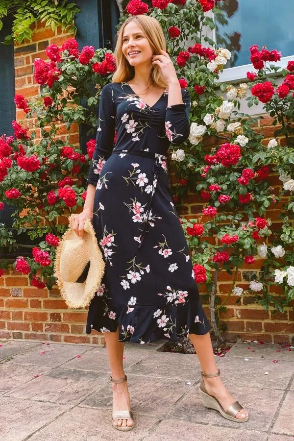 Sosandar Dresses Women Black and White Floral Print Jersey Midi Dress Black White