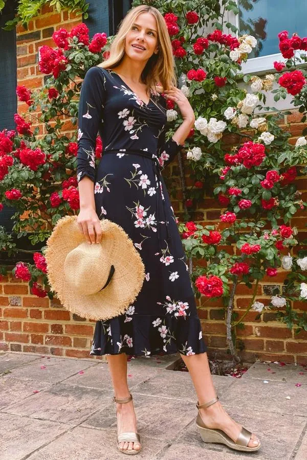 Sosandar Dresses Women Black and White Floral Print Jersey Midi Dress Black White