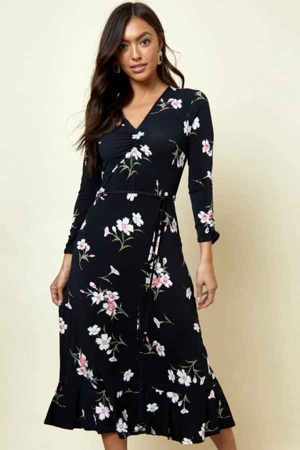 Sosandar Dresses Women Black and White Floral Print Jersey Midi Dress Black White