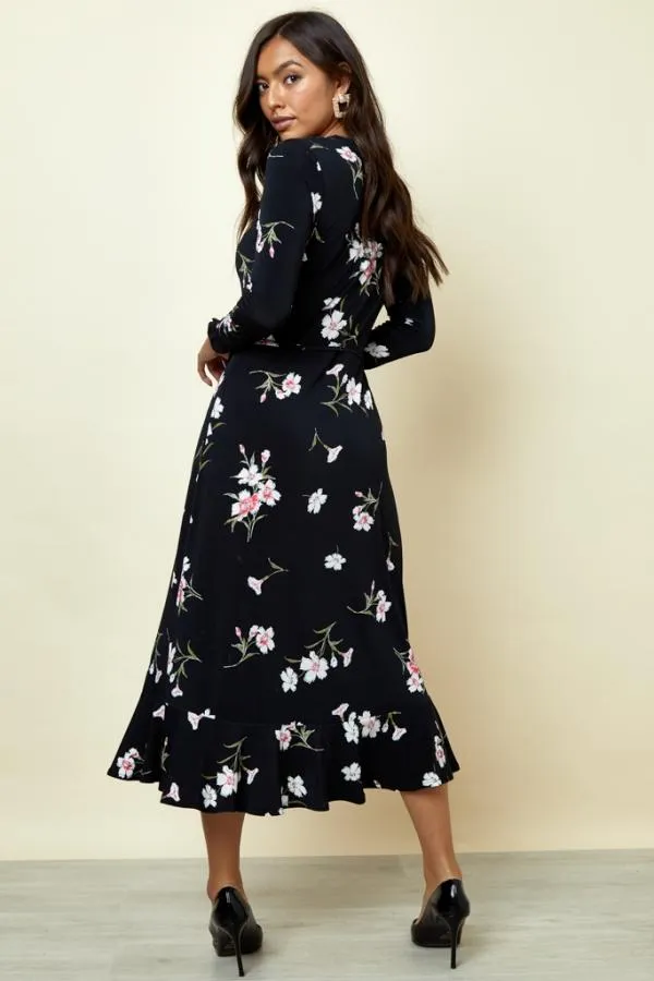 Sosandar Dresses Women Black and White Floral Print Jersey Midi Dress Black White