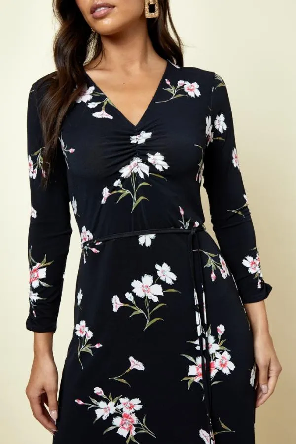 Sosandar Dresses Women Black and White Floral Print Jersey Midi Dress Black White