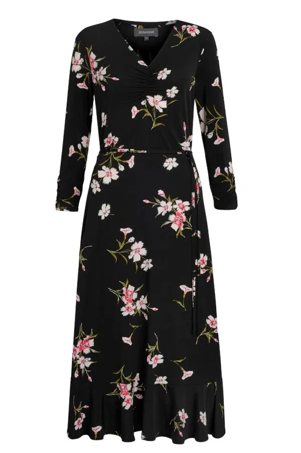 Sosandar Dresses Women Black and White Floral Print Jersey Midi Dress Black White