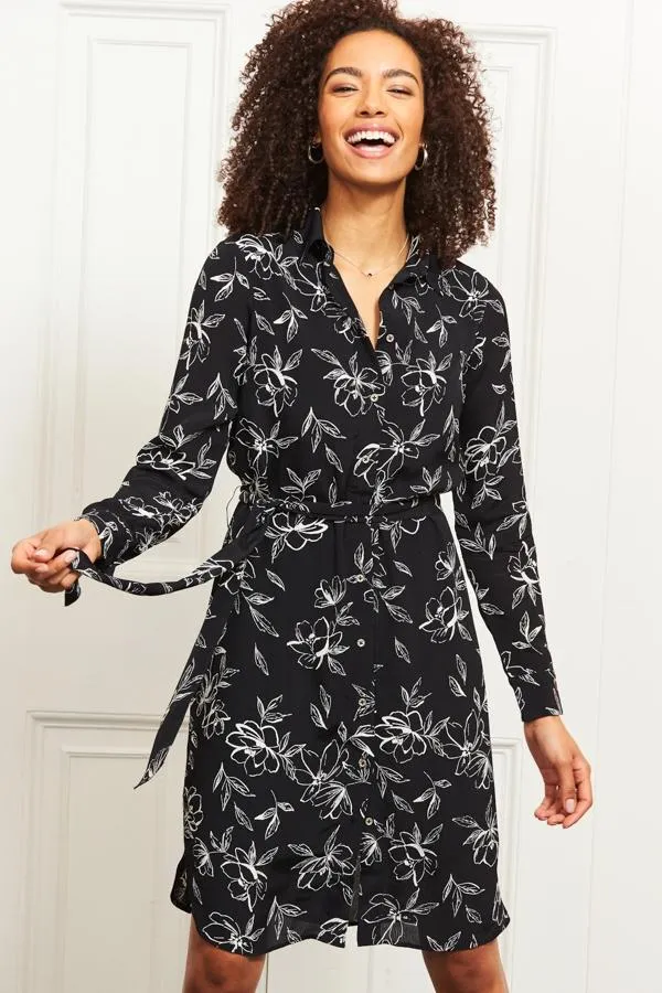 Sosandar Dresses Women Black and White Floral Tie Waist Shirt Dress Black White Sosandar Dresses Women Black and White Floral Tie Waist Shirt Dress Black White