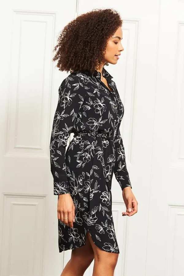 Sosandar Dresses Women Black and White Floral Tie Waist Shirt Dress Black White