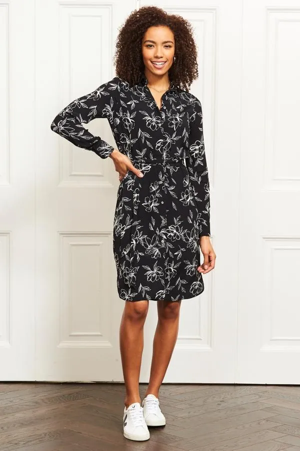 Sosandar Dresses Women Black and White Floral Tie Waist Shirt Dress Black White