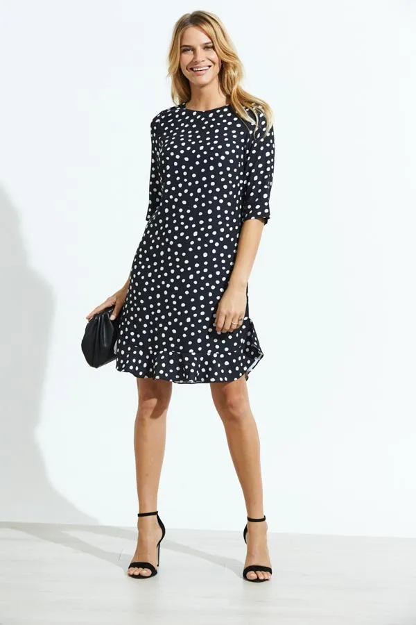 Sosandar Dresses Women Black and White Spot Print Ruffle Hem Shift Dress Black White