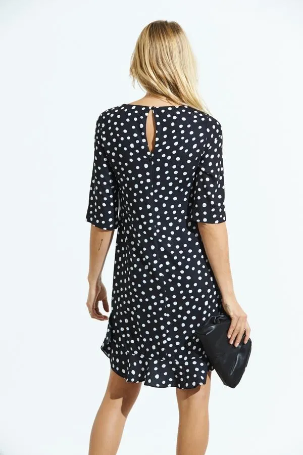 Sosandar Dresses Women Black and White Spot Print Ruffle Hem Shift Dress Black White