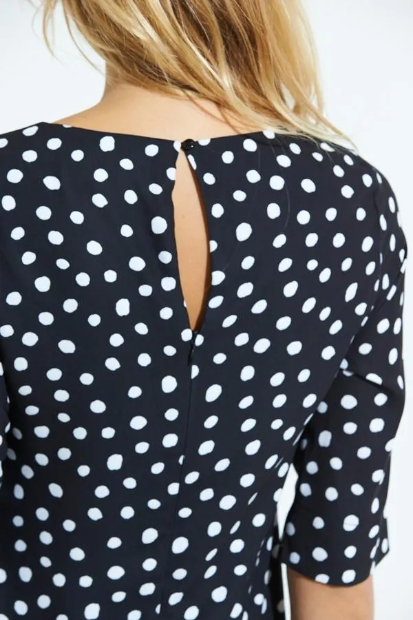 Sosandar Dresses Women Black and White Spot Print Ruffle Hem Shift Dress Black White