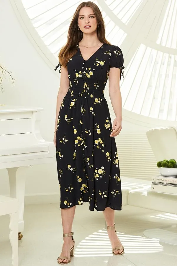 Sosandar Dresses Women Black and Yellow Floral Print Button Front Midi Dress Black Yellow Sosandar Dresses Women Black and Yellow Floral Print Button Front Midi Dress Black Yellow