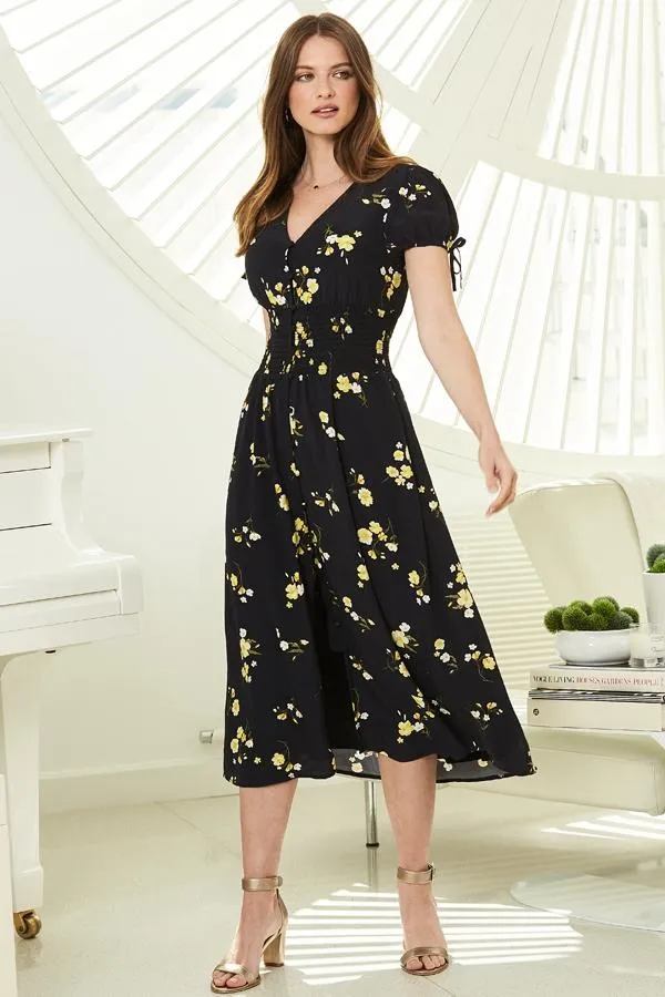 Sosandar Dresses Women Black and Yellow Floral Print Button Front Midi Dress Black Yellow