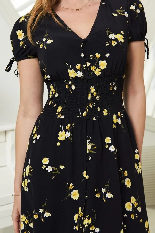 Sosandar Dresses Women Black and Yellow Floral Print Button Front Midi Dress Black Yellow