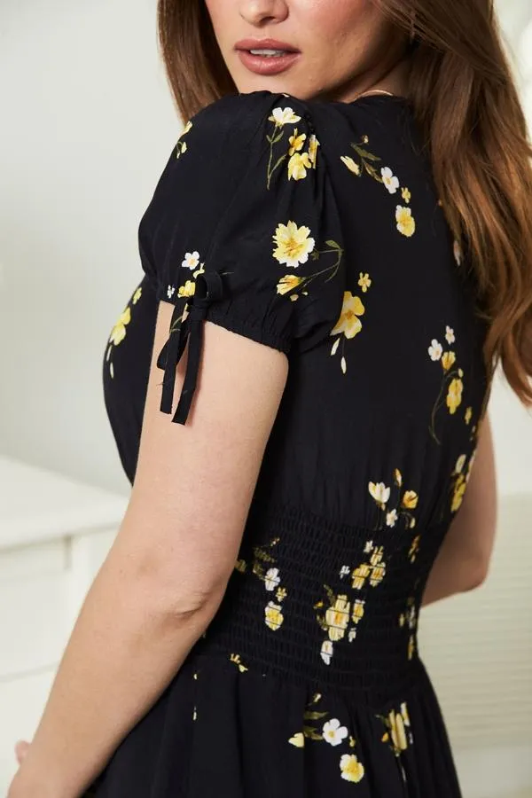 Sosandar Dresses Women Black and Yellow Floral Print Button Front Midi Dress Black Yellow