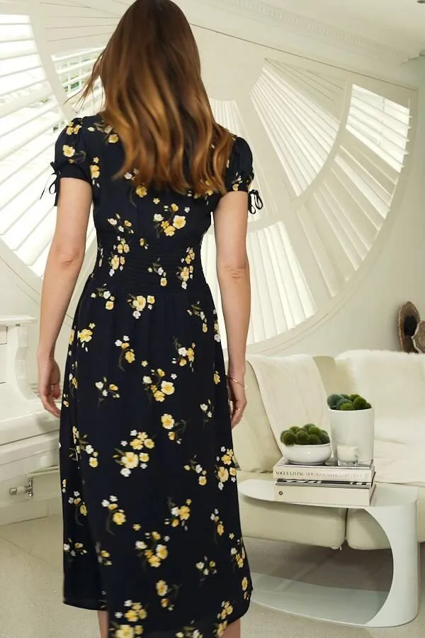 Sosandar Dresses Women Black and Yellow Floral Print Button Front Midi Dress Black Yellow