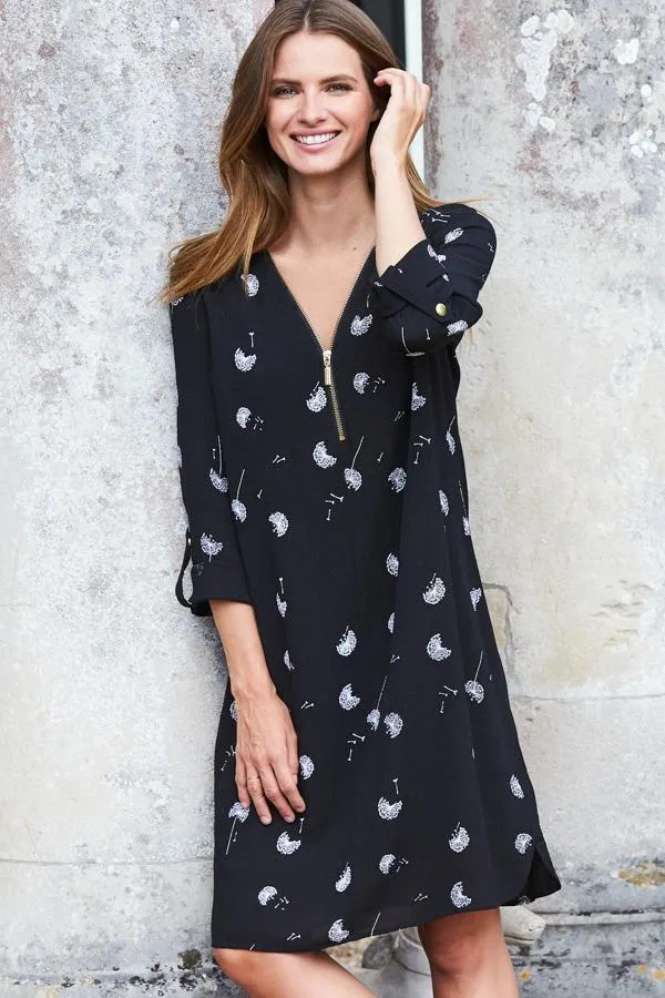 Sosandar Dresses Women Black Dandelion Print Zip Front Shift Dress Black