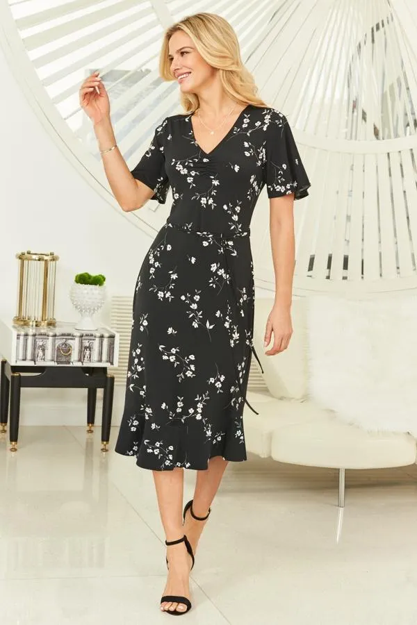 Sosandar Dresses Women Black Floral Print Angel Sleeve Midi Dress Black