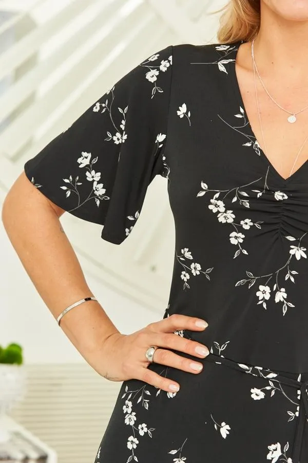 Sosandar Dresses Women Black Floral Print Angel Sleeve Midi Dress Black