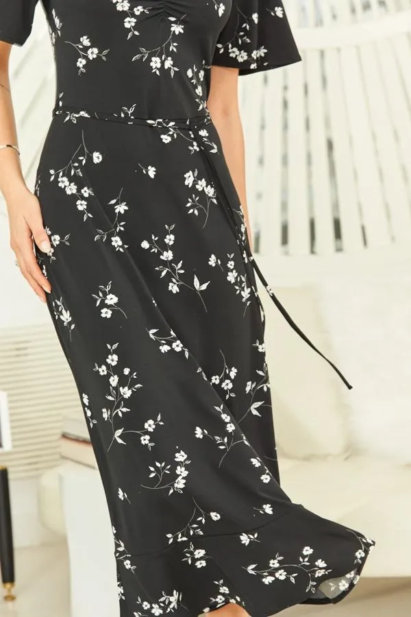 Sosandar Dresses Women Black Floral Print Angel Sleeve Midi Dress Black