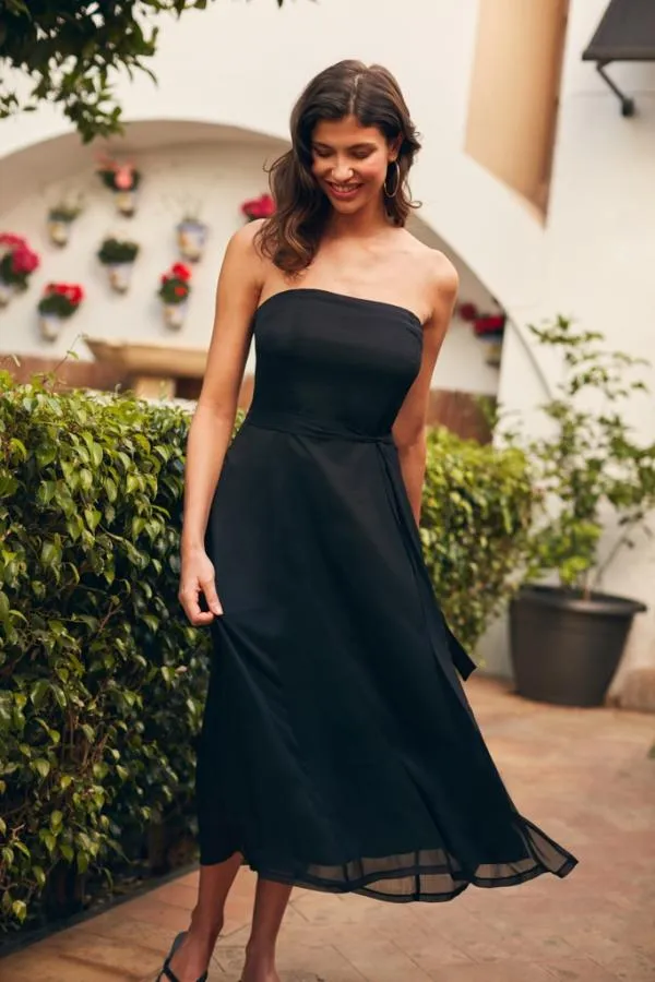 Sosandar Dresses Women Black Front Split Detail Belted Bandeau Dress Black
