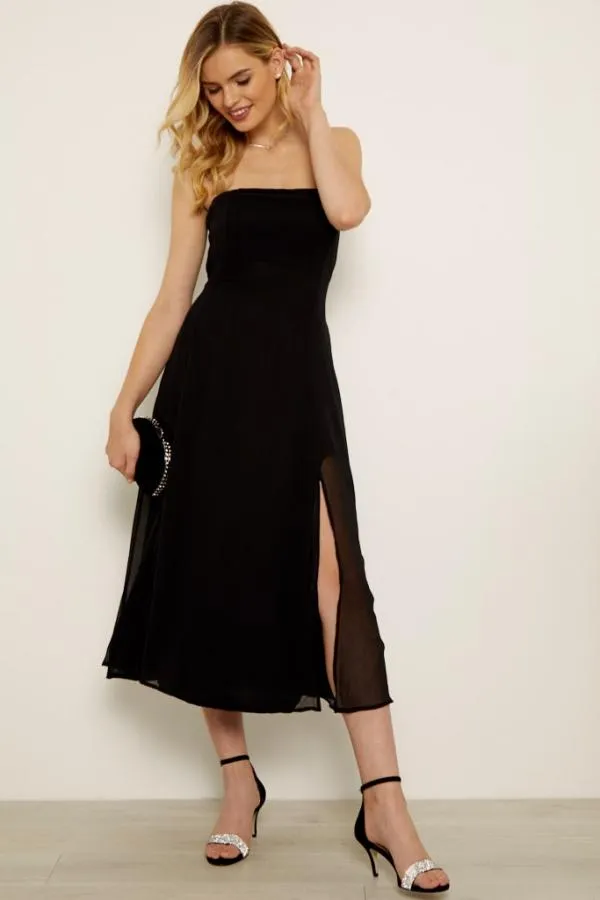 Sosandar Dresses Women Black Front Split Detail Belted Bandeau Dress Black