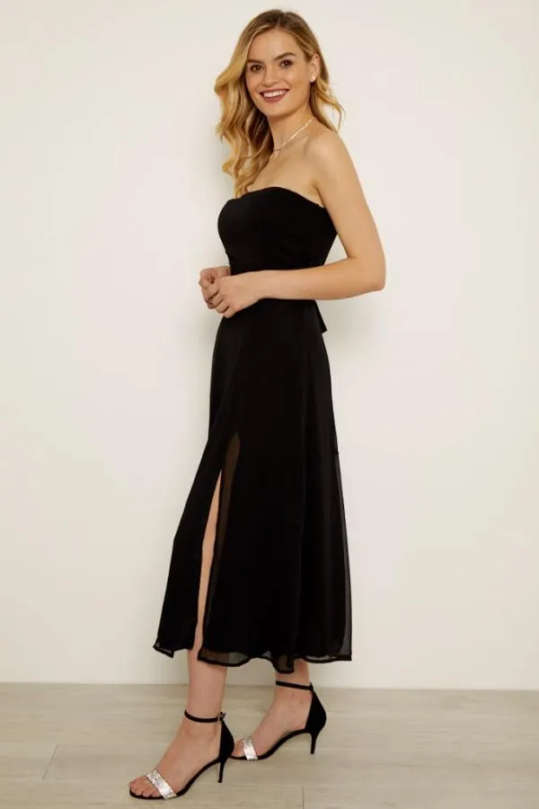Sosandar Dresses Women Black Front Split Detail Belted Bandeau Dress Black