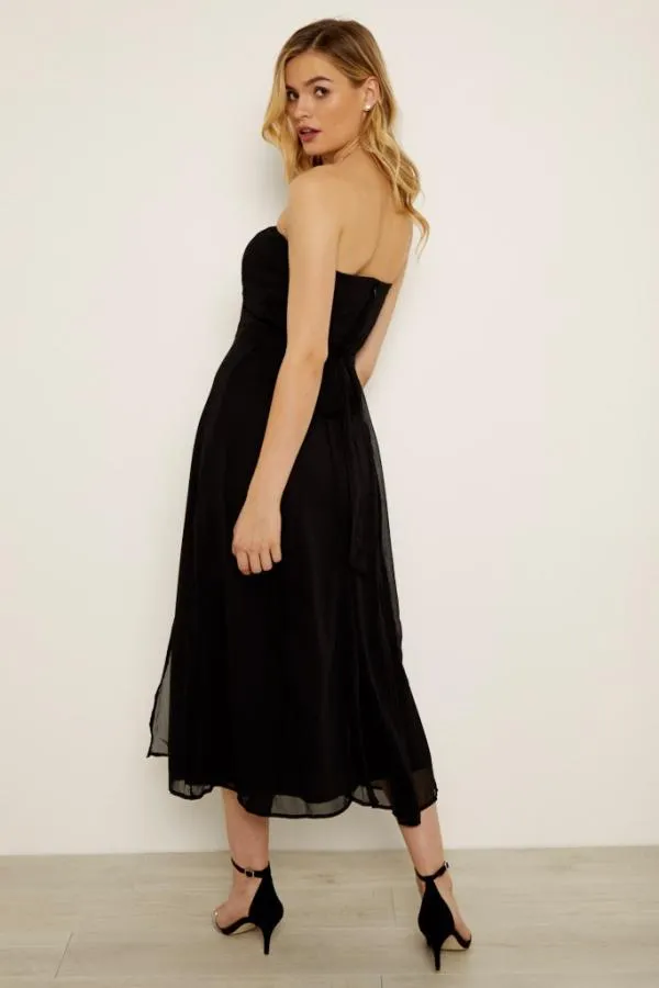Sosandar Dresses Women Black Front Split Detail Belted Bandeau Dress Black