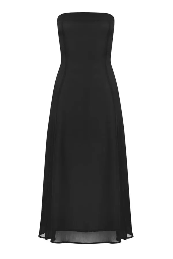 Sosandar Dresses Women Black Front Split Detail Belted Bandeau Dress Black