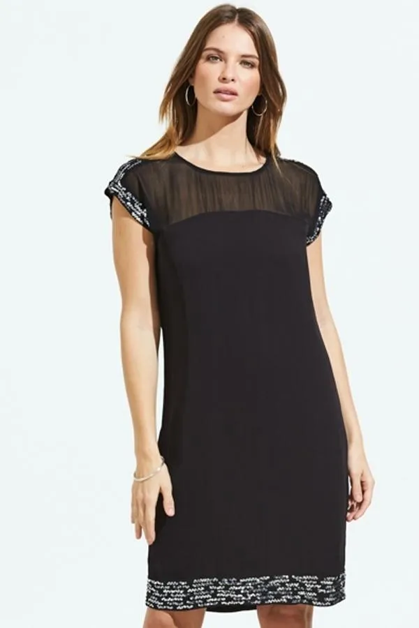Sosandar Dresses Women Black Metallic Embellished Sheer Top Shift Dress Black