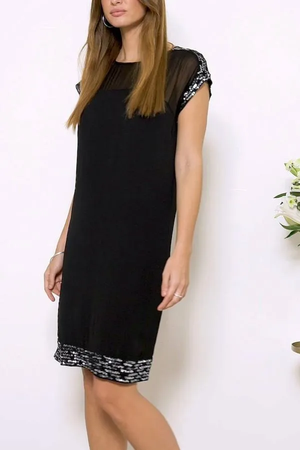 Sosandar Dresses Women Black Metallic Embellished Sheer Top Shift Dress Black