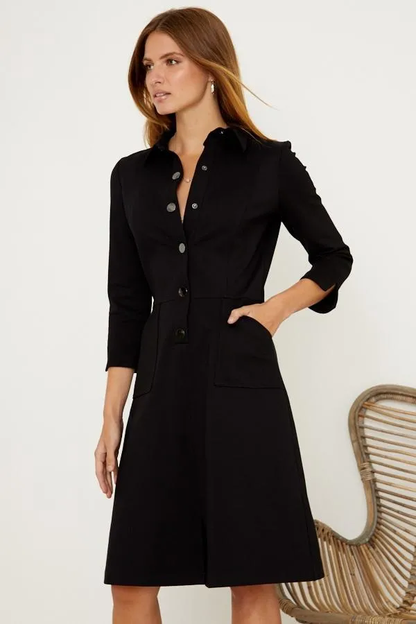 Sosandar Dresses Women Black Ponte Popper Front Shirt Dress Black