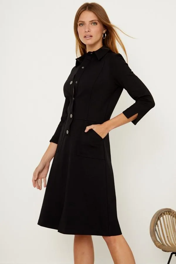 Sosandar Dresses Women Black Ponte Popper Front Shirt Dress Black