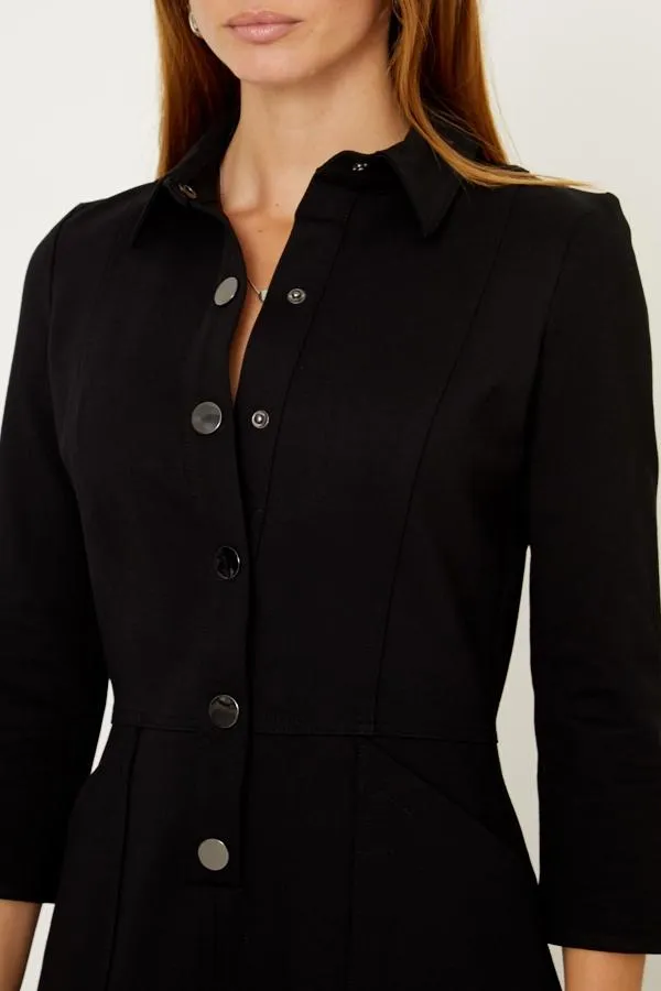 Sosandar Dresses Women Black Ponte Popper Front Shirt Dress Black