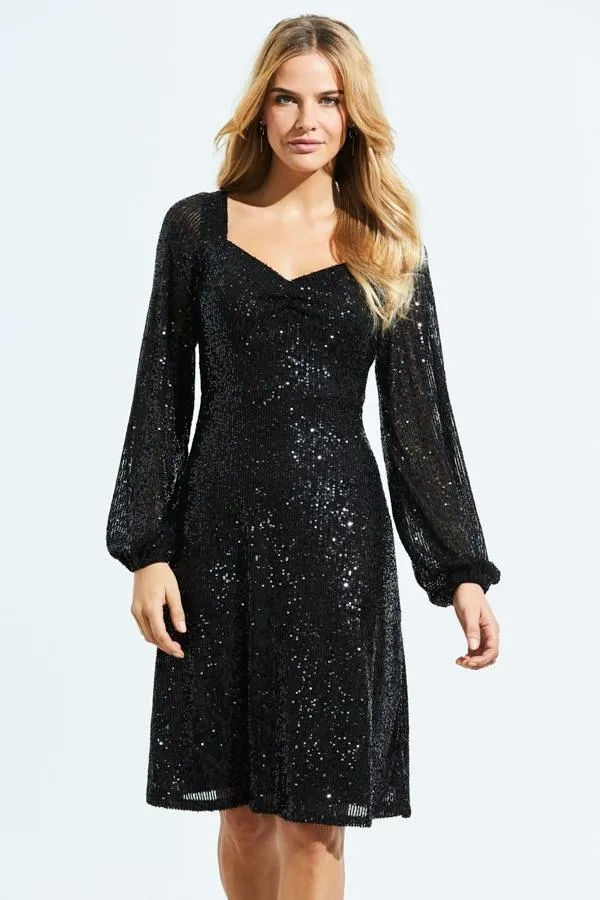 Sosandar Dresses Women Black Sequin Sweetheart Neck Blouson Sleeve Dress Black