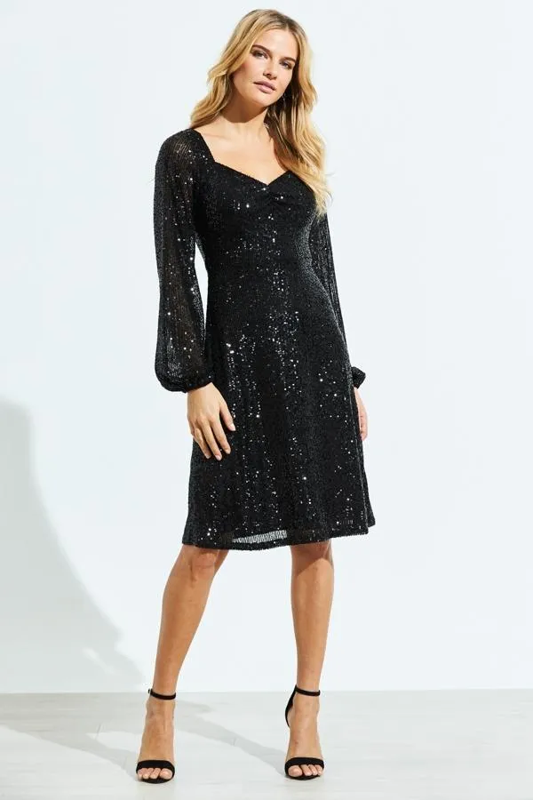 Sosandar Dresses Women Black Sequin Sweetheart Neck Blouson Sleeve Dress Black