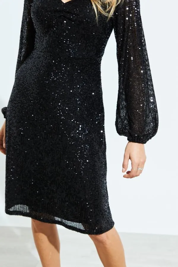 Sosandar Dresses Women Black Sequin Sweetheart Neck Blouson Sleeve Dress Black