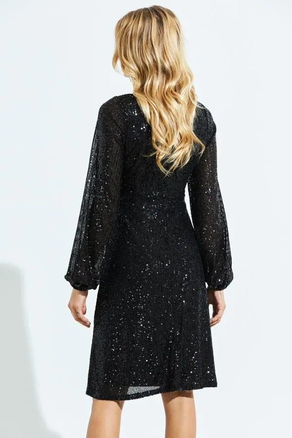 Sosandar Dresses Women Black Sequin Sweetheart Neck Blouson Sleeve Dress Black