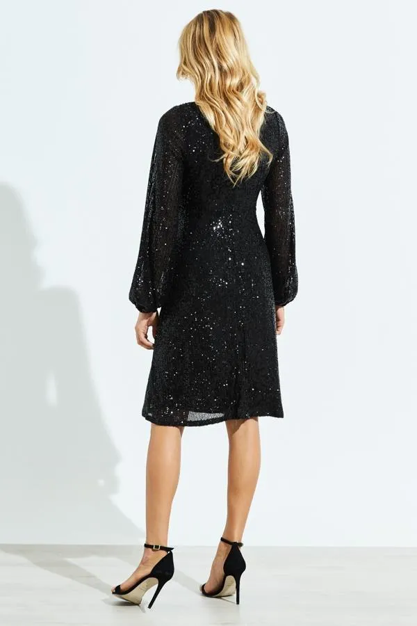 Sosandar Dresses Women Black Sequin Sweetheart Neck Blouson Sleeve Dress Black