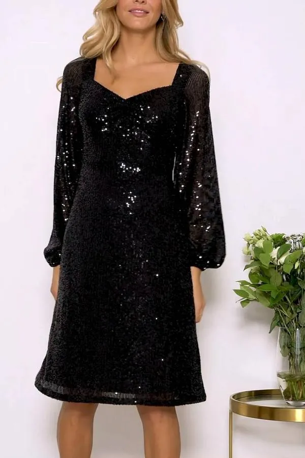 Sosandar Dresses Women Black Sequin Sweetheart Neck Blouson Sleeve Dress Black