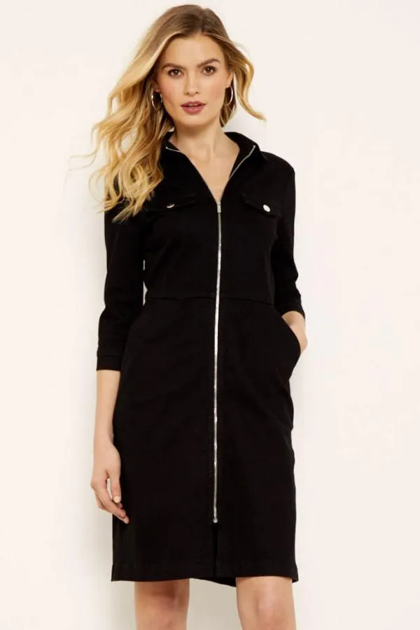 Sosandar Dresses Women Black Zip Front Denim Dress With Pockets Black