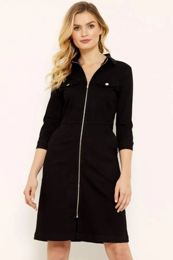 Sosandar Dresses Women Black Zip Front Denim Dress With Pockets Black