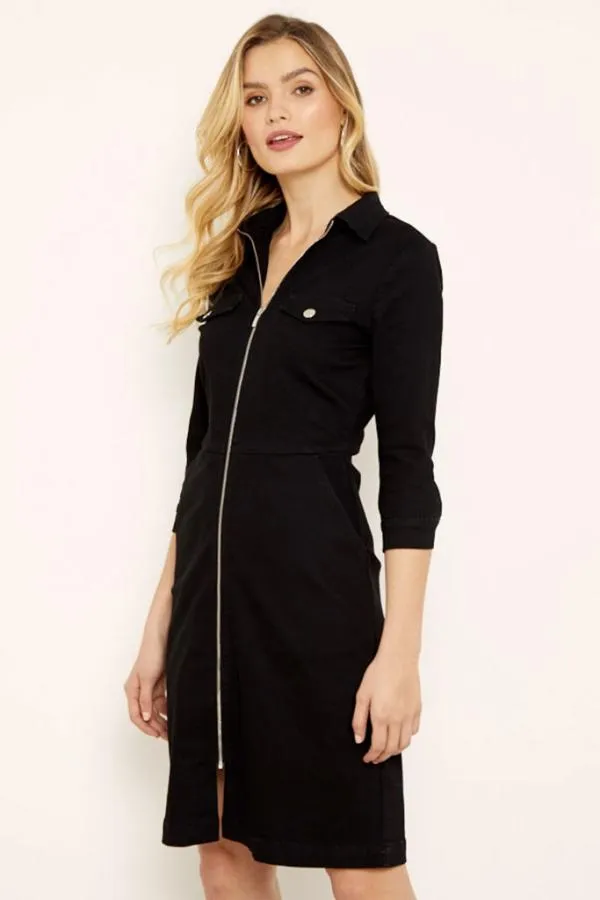 Sosandar Dresses Women Black Zip Front Denim Dress With Pockets Black