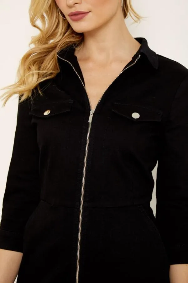 Sosandar Dresses Women Black Zip Front Denim Dress With Pockets Black