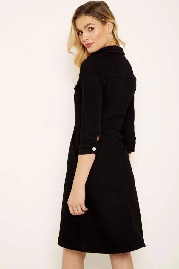 Sosandar Dresses Women Black Zip Front Denim Dress With Pockets Black