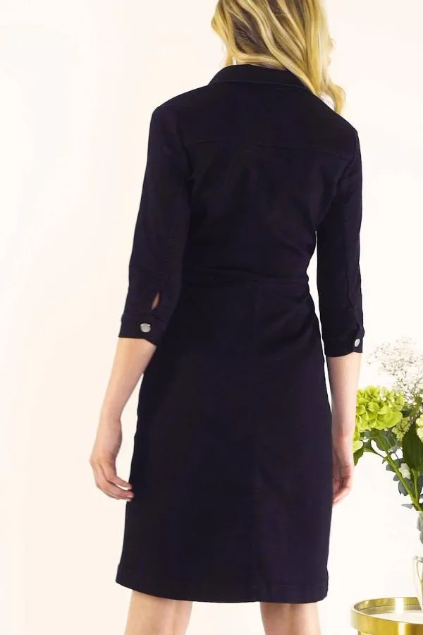 Sosandar Dresses Women Black Zip Front Denim Dress With Pockets Black