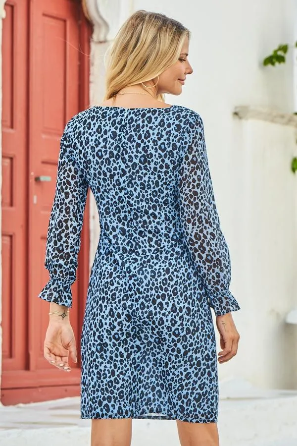 Sosandar Dresses Women Blue and Black Animal Print Fluted Cuff Shift Dress Blue Black