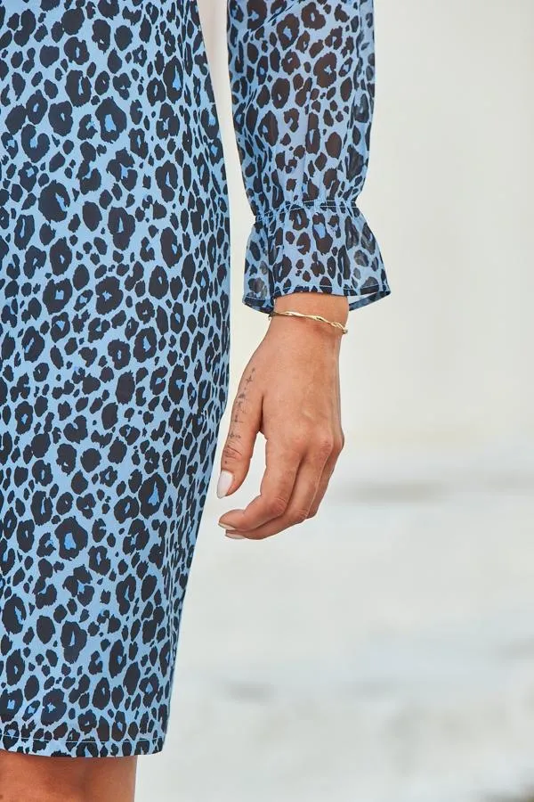 Sosandar Dresses Women Blue and Black Animal Print Fluted Cuff Shift Dress Blue Black